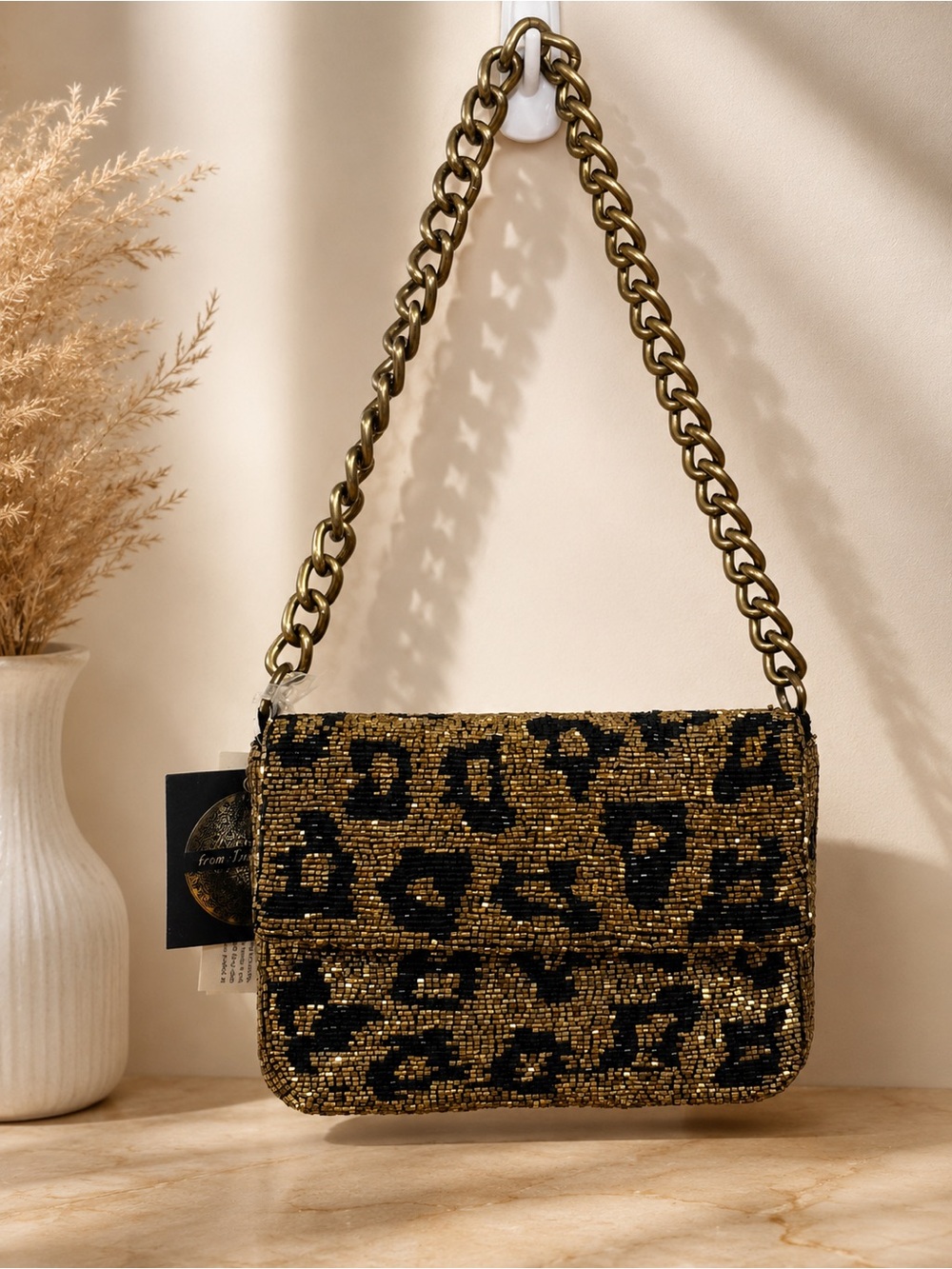 Leopard Beaded Chain Shoulder Bag